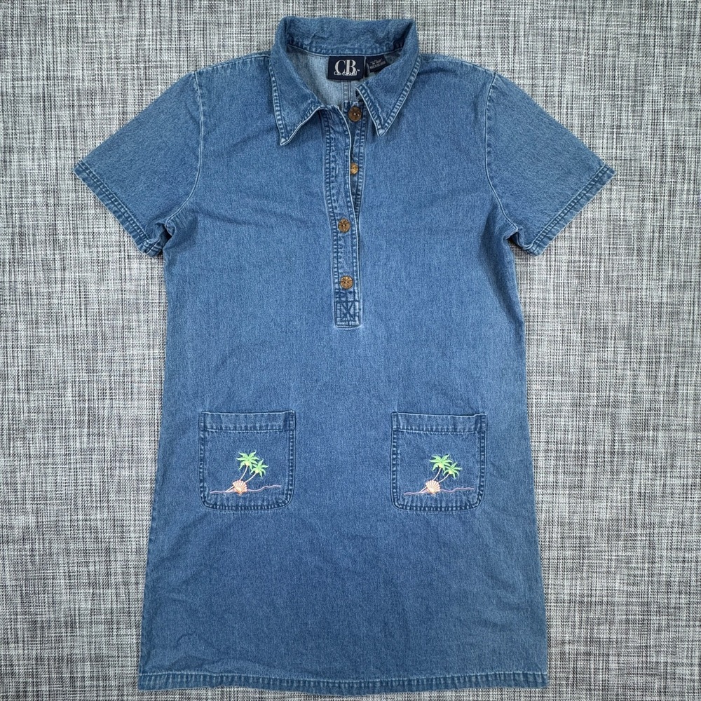 CB Casual Denim Shirt Dress Womens Medium Blue Cotton Embroidered Palm Pockets